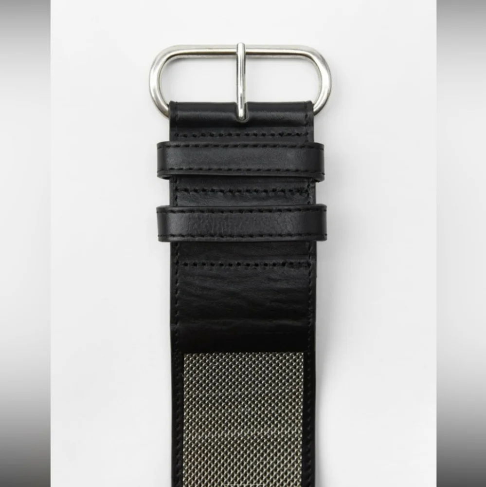 Zara Black Leather Belt With Metal Mesh New With Tags